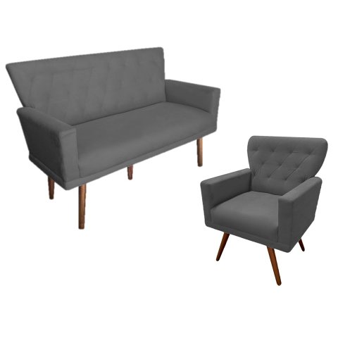 Kit Namoradeira + 1 Poltrona Decorativa Aurora Suede Cinza Pés Madeira Mz Decor