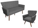 Ver imagem 1 de Kit Namoradeira + 1 Poltrona Decorativa Aurora Suede Cinza Pés Madeira Mz Decor