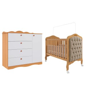 Conjunto Quarto de Bebe com Berço com Capitone e Comoda com Sapateira 100% Mdf Harmonia Encanto Perm
