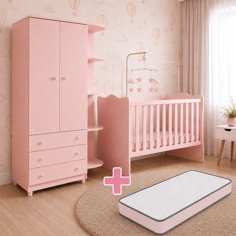 Kit Quarto de Bebê Doce Sonho com Berço para Mosquiteiro Guarda Roupa 2 Portas e Colchão 130x60 Move