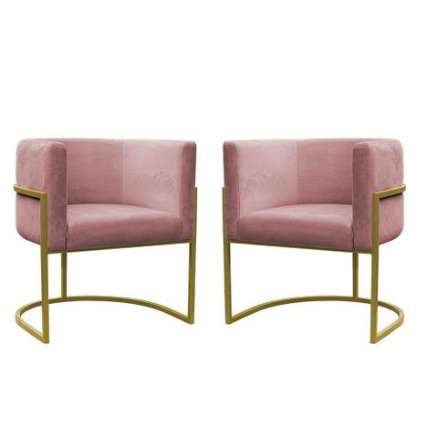 Kit 2 Poltrona Reforçadas Decorativa Sala de Estar Carla Base Ferro Dourada Suede Rose