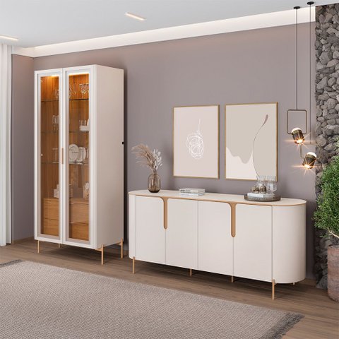 Kit Aparador Buffet Lia com Cristaleira Tarsila Orgânico D05 Off White Freijó - Lyam Decor