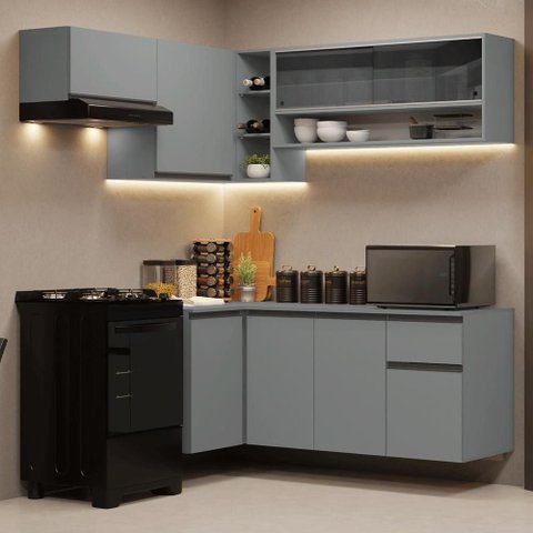 Armário de Cozinha Completa de Canto Suspenso 325cm Nice Madesa 02 Cinza