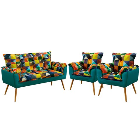 Kit Poltrona Namoradeira e 2 Poltronas Beta Suede Estampado Colorido com Azul Turquesa Aradecor