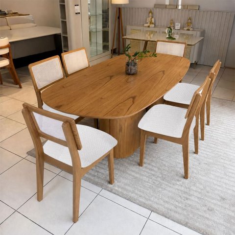 Conjunto Sala de Jantar Mesa 2 m X 1 m Tampo Barril e 6 Cadeiras Tela Palha e Assento Estofado 100%