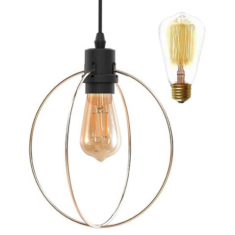Luminária Pendente Taschibra Circle, Preto e Dourado e Lâmpada LED Filamento 2700K, Âmbar, 5