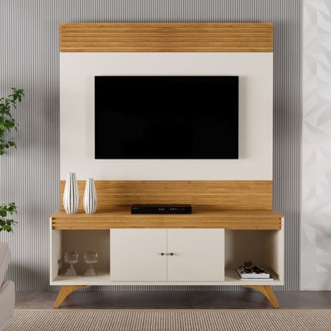 Conjunto Painel + Rack Sevilha Painel Off White/Naturalle Rack Off White/Naturalle Mavaular