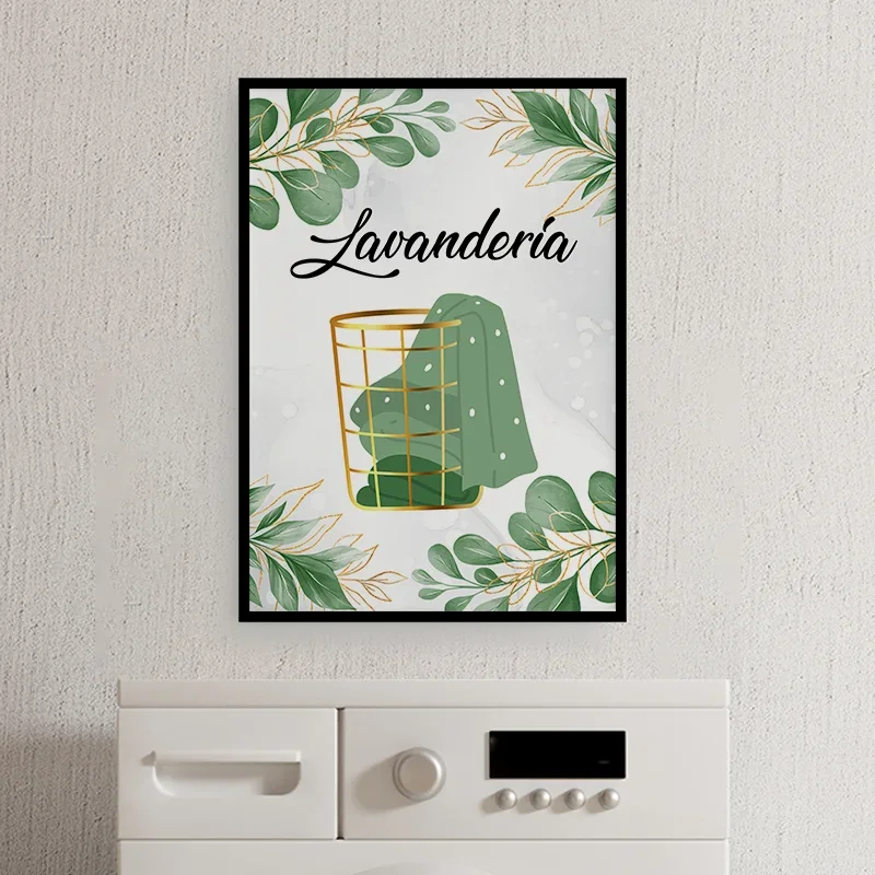 Quadro Decorativo Lavanderia Folhas 24x18cm:Madeira branca