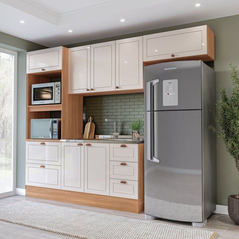 Cozinha Pérola 270cm com Rodapé 4 Peças Off White/Freijó Yescasa