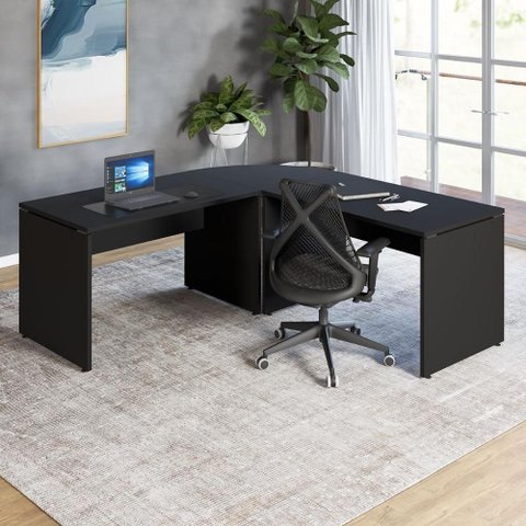 Mesa para Escritório em L Mesa L 190cm x 70cm Pés Painel Moderno sem Gavetas Preto F5 Office