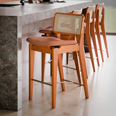 Banqueta Alta Area Gourmet Tela Palha Madeira Maciça Apoio de Pés Aço Champagne Onix Linho Terracota