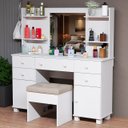 Ver imagem 1 de Penteadeira com Banqueta Estofada Infanto-juvenil Branco em Mdf 5 Gavetas 2 Portas