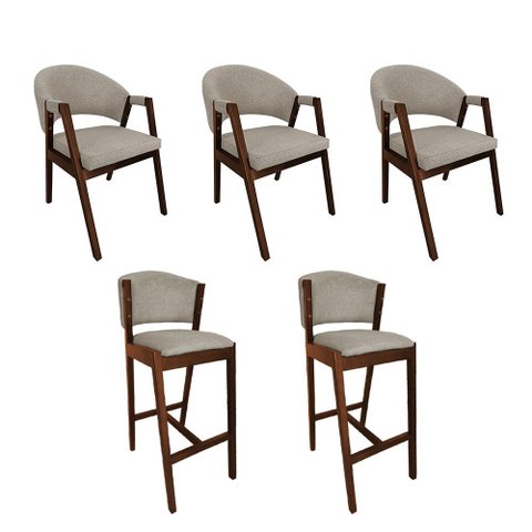 Kit 3 Cadeiras de Jantar Helen com 2 Banquetas Ana Madeira Maciça Mel Premium Linho Design - Bege