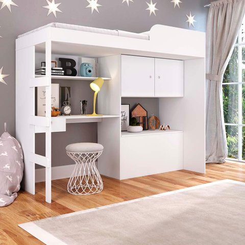 Cama Infantil 193,5cm C/ Escrivaninha Armário 2 Portas e Baú Cor:branco