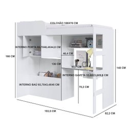 Cama Infantil 193,5cm C/ Escrivaninha Armário 2 Portas e Baú Cor:branco - 4