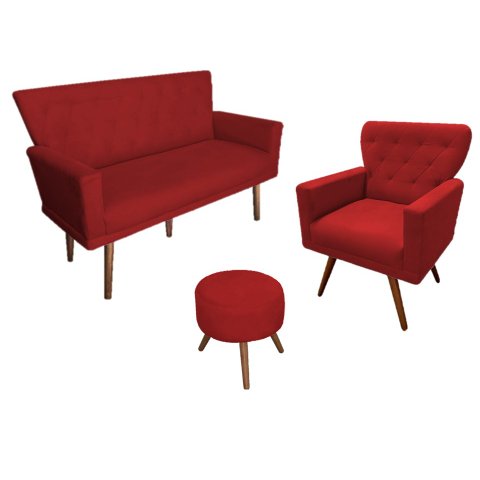 Kit Namoradeira + 1 Poltrona Decorativa Aurora + Puff Redondo Suede Vermelho Pés Madeira Mz Decor