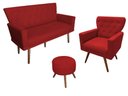 Ver imagem 1 de Kit Namoradeira + 1 Poltrona Decorativa Aurora + Puff Redondo Suede Vermelho Pés Madeira Mz Decor