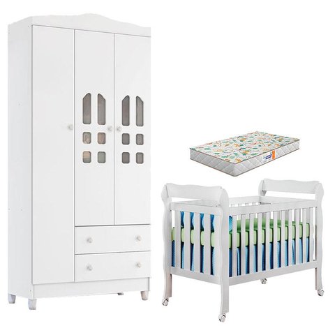 Berço Americano Lila e Guarda Roupa Infantil New Selena 3 Portas Branco Brilho com Colchão Gazin – C