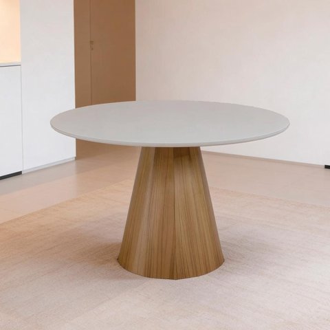Mesa de Jantar 6 Lugares Redonda 135cm Base Cone Tampo MDF com Vidro Erimon N01 Ypê Off White -