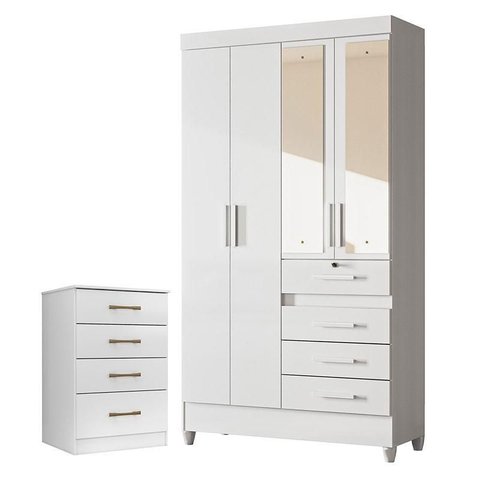Guarda Roupa Infantil Sobral com Espelho e Cômoda Ms913 Branco Brilho – Moval
