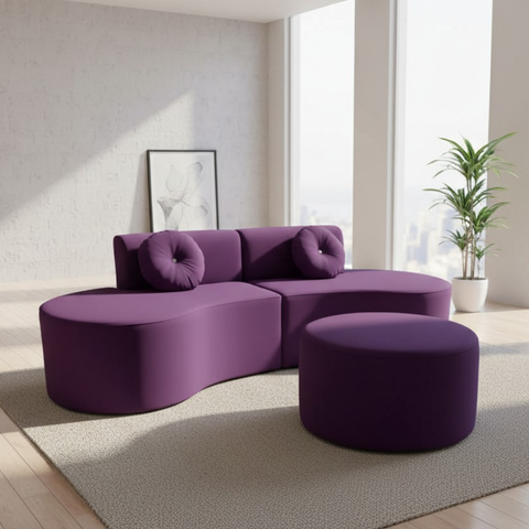 Sofá Modular Orgânico Monterrey 260cm + Puff Veludo Roxo