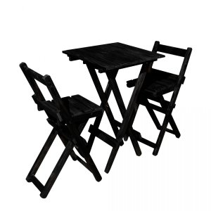 Mesa Bistrô Alta Dobrável 60x60 com 2 Banquetas de Madeira para Bares e Áreas Externas Preto Montana