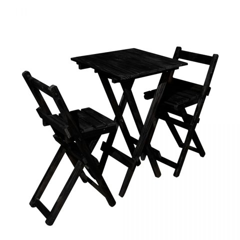 Mesa Bistrô Alta Dobrável 60x60 com 2 Banquetas de Madeira para Bares e Áreas Externas Preto Montana