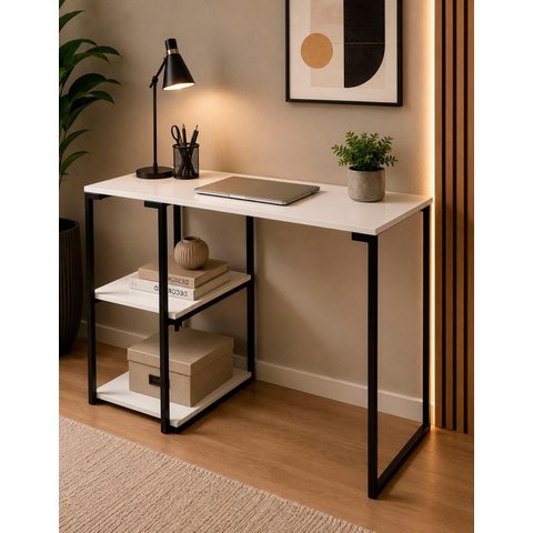 Mesa Apoio Escrivaninha com Estante Prateleira Nic 1200 mm Cor:Branco/Preto