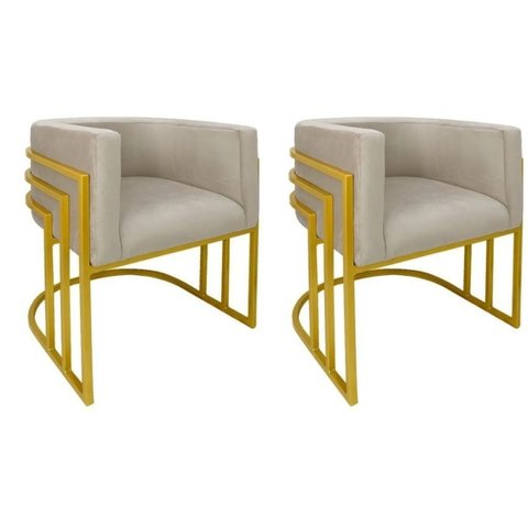Kit 02 Cadeiras Poltrona Luxo Base de Metal Tripla Dourado Sala de Jantar Cozinha Recepção Veludo Be