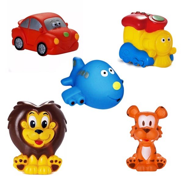 Kit Com 5 Brinquedos De Vinil Para Bebê Maralex - Carro, Avião, Trem, Leão e tigre