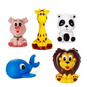 Kit Com 5 Brinquedos De Vinil Para Bebê Maralex - Girafa, Leão, Porco, Panda e Baleia
