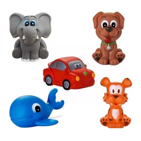 Kit com 5 Brinquedos de Vinil para Bebê Maralex - Elefante, Carro, Tigre, Cachorro e Baleia