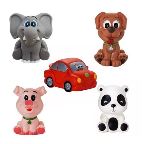Kit com 5 Brinquedos de Vinil para Bebê Maralex - Porco, Elefante, Cachorro, Carro e Panda