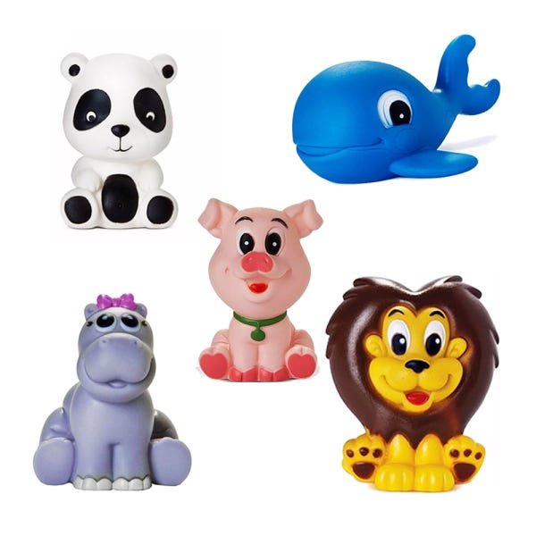 Kit Com 5 Brinquedos De Vinil Para Bebê Maralex - Porco, Leão, Panda, Baleia e Hipopótamo