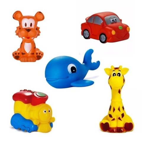 Kit com 5 Brinquedos de Vinil para Bebê Maralex - Carro, Trem, Girafa, Tigre e Baleia