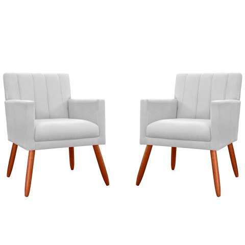 Kit 2 Poltronas Decorativa Cecília Couro Branco Pés Madeira Mz Decor