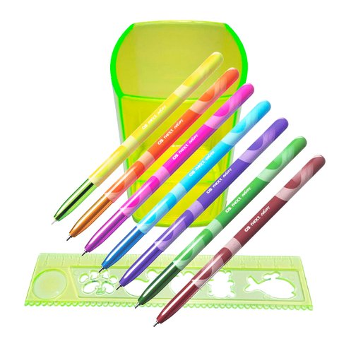 Kit Porta Canetas Régua Neon Verde + Caneta Esfero 10 Cores