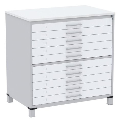 Mapoteca 10 Gavetas Pandin 120cm (larg) Inmetro Tampo Mdp Branco Estrutura Aço Cinza Gavetas