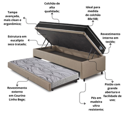 Bicama Box Baú Solteiro com Colchão Gransleep Ecoflex Molas Verticoil Courino Linho Bege 88x188 - 5