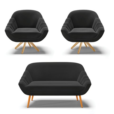 Kit 01 Namoradeira 02 Lugares e 02 Poltronas Giratória Giovana Suede Preto Base Madeira MM30 - D'