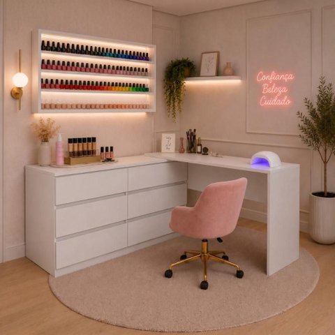 Mesa de Manicure Profissional de Canto em L com 6 Gavetas Organize Multimóveis MP6068 Branco