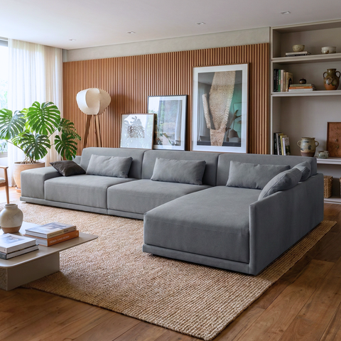 Sofá de Canto 5 Lugares com Chaise Lado Direito em Sarja 336x196cm Cinza Médio