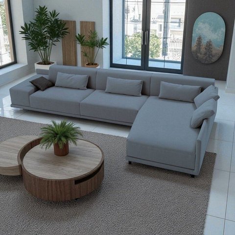 Sofá de Canto 5 Lugares com Chaise Direita em Sarja 336x196cm Cinza Médio