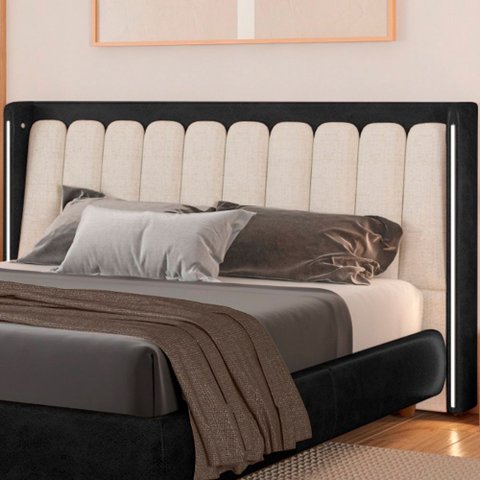 Cabeceira Casal com LED Yeon Courino Preto / Linho Off White - Sallar Home