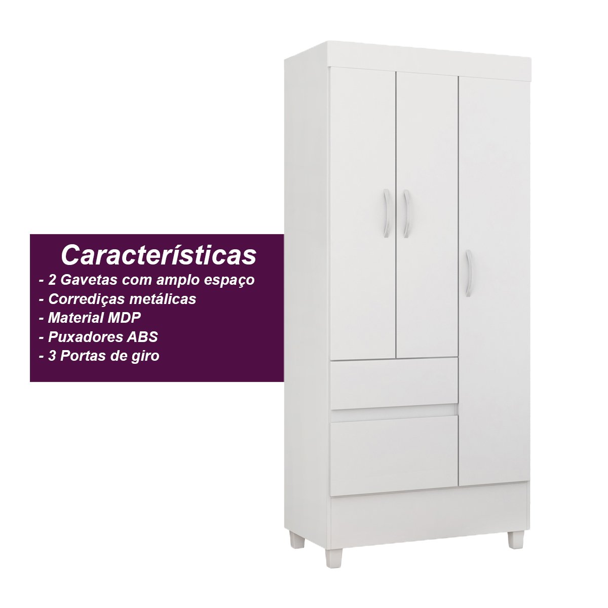 Guarda Roupa Solteiro 3 Portas e 2 Gavetas Wind - Branco/rosa/branco - 6