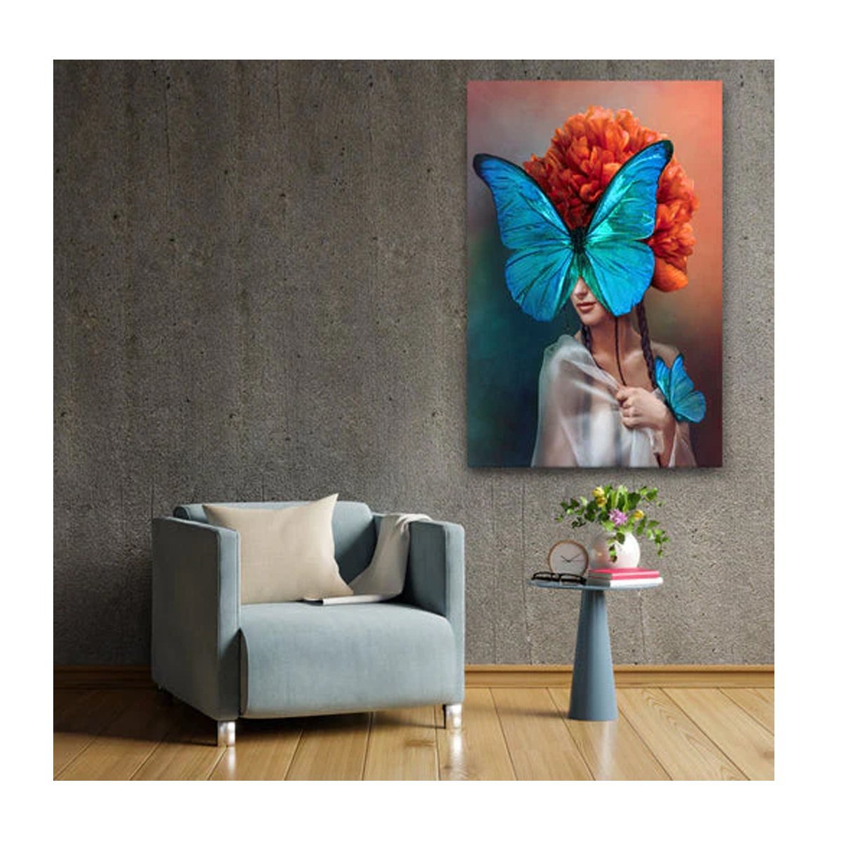 Quadro Arte Conceito Blue Butterfly Face Borda Infinita:90 x 60 cm - 2