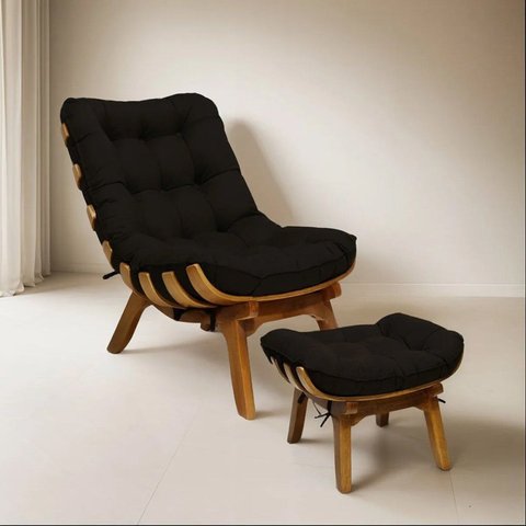 Kit Poltrona e Puff com Base de Madeira Suede Costela