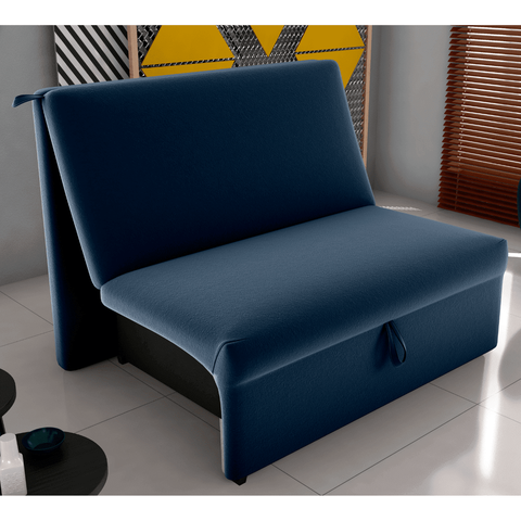 Sofá-Cama Lyon 1 Lugar Veludo Azul 113x180cm Abertura Frontal para Ambiente Compacto