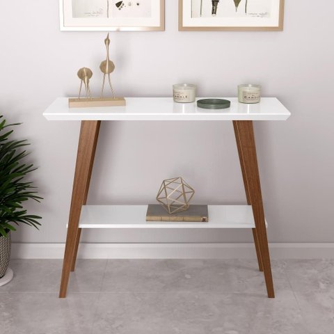Aparador Davi 90x30 Tampo Mdf 30mm Pé em Madeira Branco/amadeirado