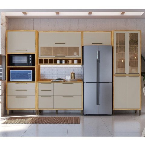 Cozinha Completa Modulada 100% MDF 5 Peças 11 Portas 5 Gavetas e Vidro 349cm Vicenza Espresso Móveis Bege/Amêndoa/Off White